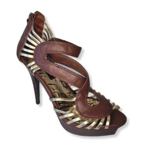 Material Girl Shoes Brown & Gold Strappy Platform Open Toe Back Zip …NEW